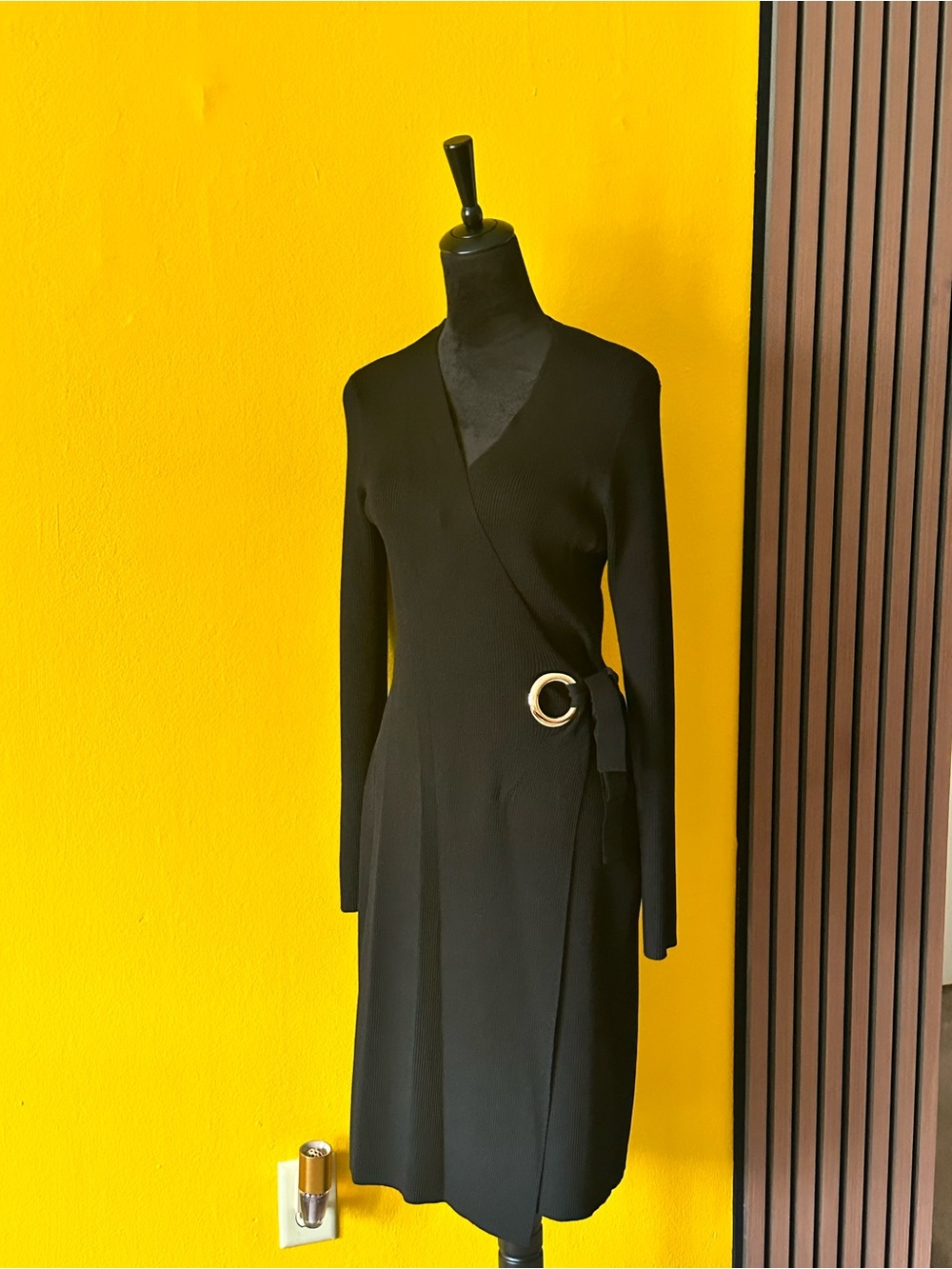 INC International Concepts Black Long-Sleeve Wrap Dress with Gold Ring